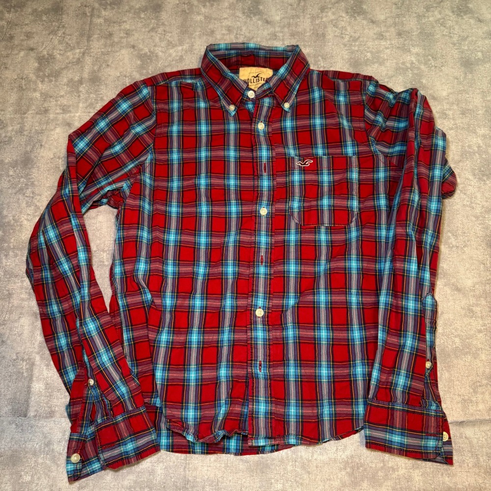 Hollister Mens Large Red Blue Plaid Long Sleeve Button Down Shirt Seagull Logo